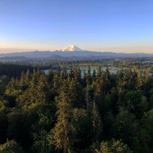 View of Mt. Rainier from a hot air balloon launching from Covington, WA