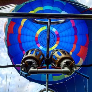 Looking up at the envelope of the hot air balloon
