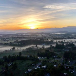 Hot air balloon ride in front of Mt. Rainier showing the Enumclaw plateau and Buckley