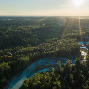 Two hot air balloons launching over some pine trees at sunrise near the Green River.