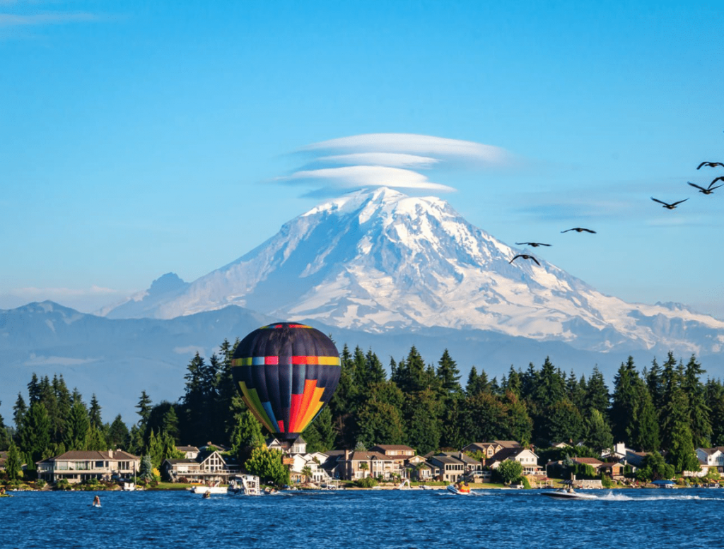 Kirkland hot air balloon in front of Mt. Rainier